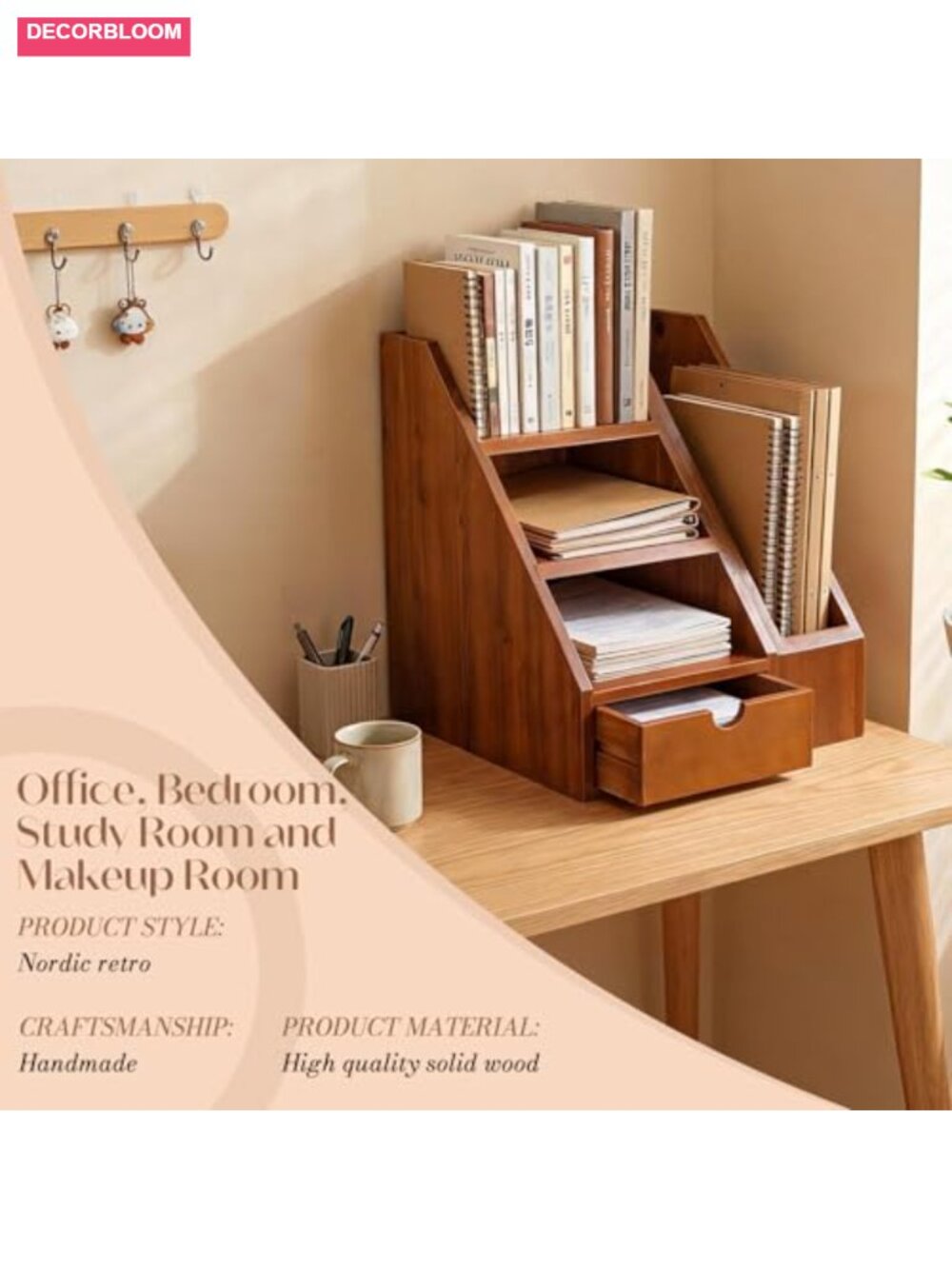 Vintage Wooden Desk Organizer Set of 2 - Desktop File Holder & Shelf with Drawer - Picture 5 of 6
